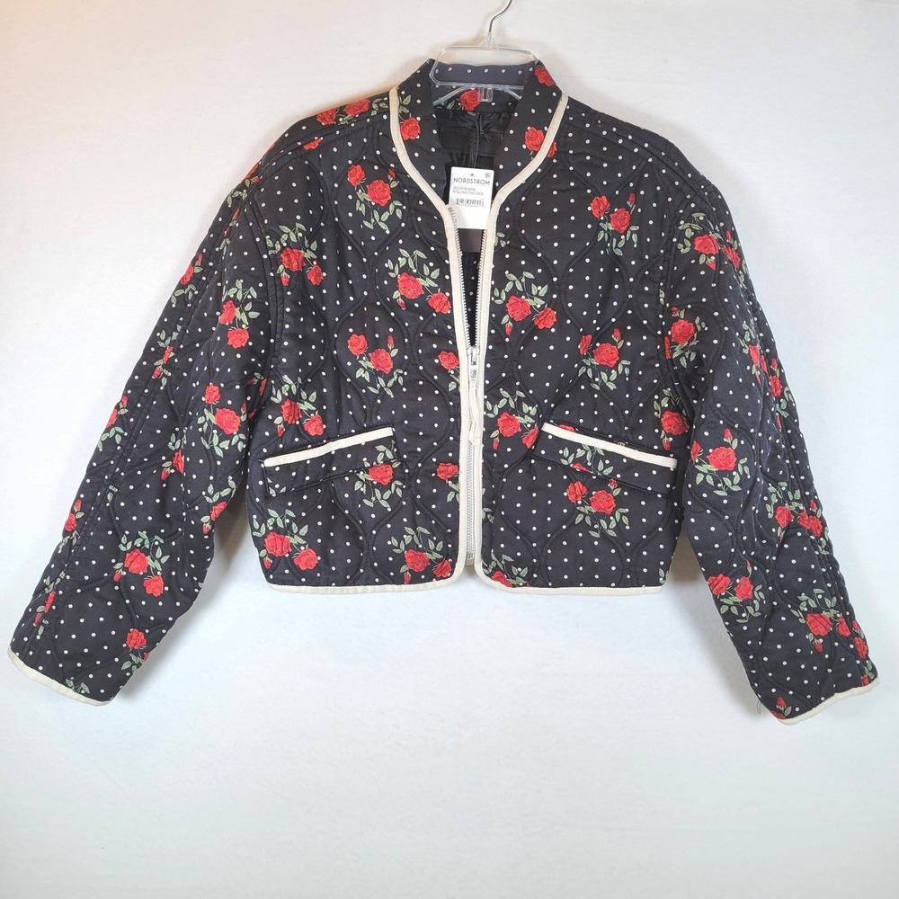 BLANKNYC Womens Quilted Rolling The Dice Floral Dot Jacket Size Medium Black